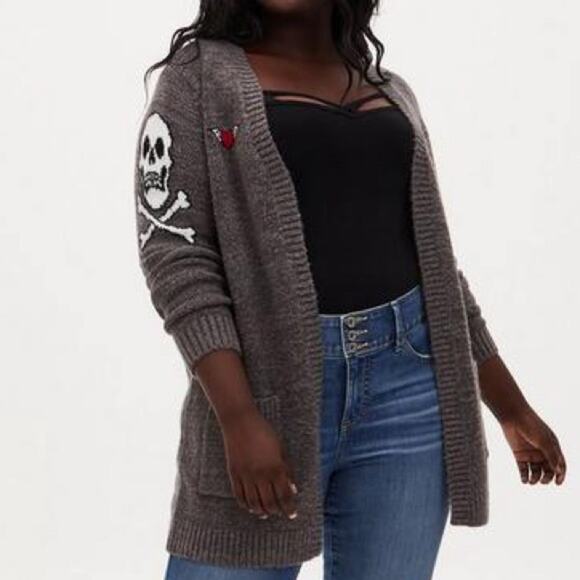 Torrid Skull & Rose Open Front Cardigan Grey Gray Long Sleeve Soft Sweater Large - Picture 1 of 12